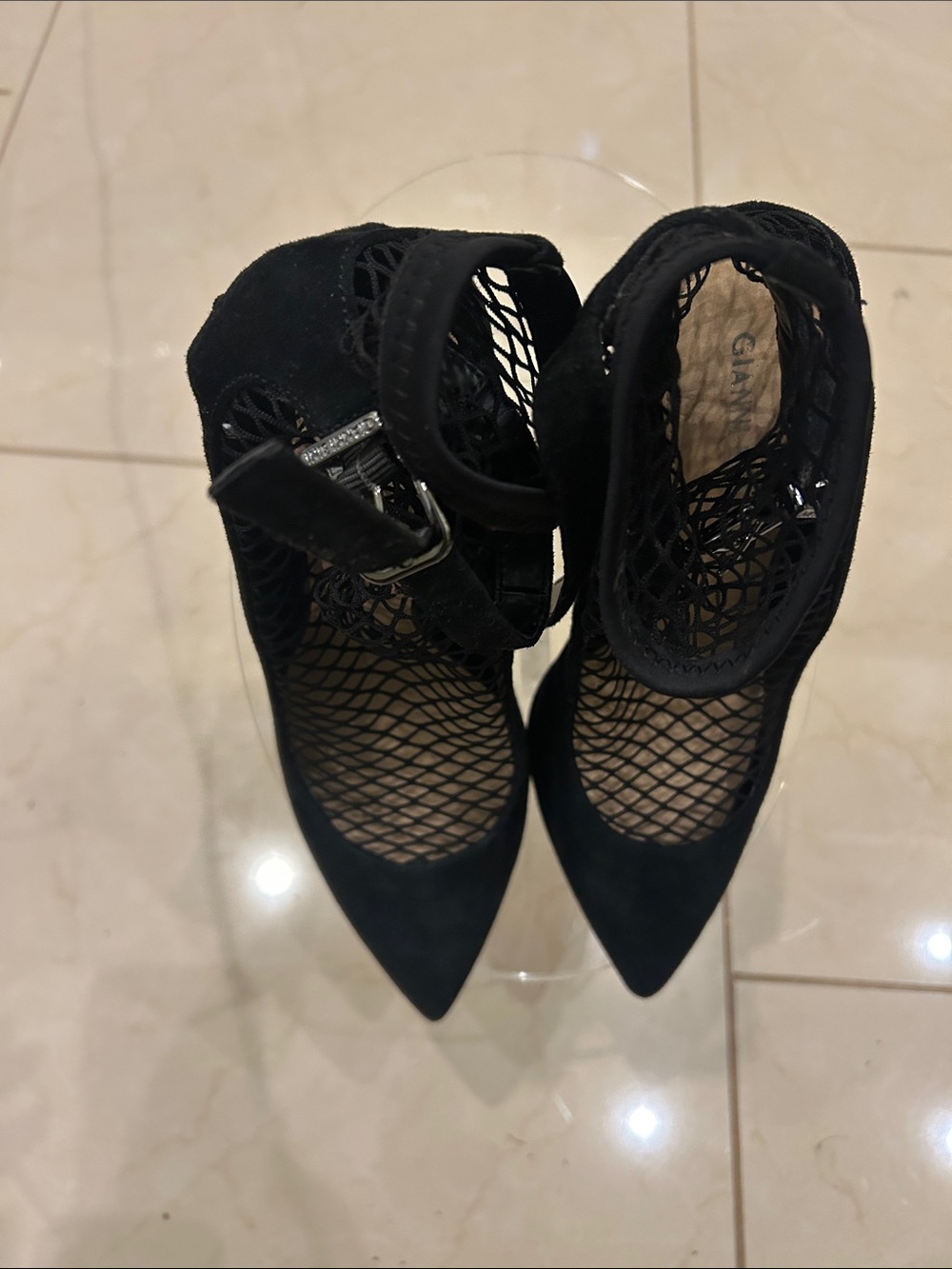 Gianni Bini Black Pointed Mesh Ankle-Strap Heels